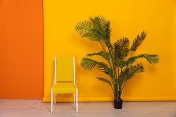 yellow chair in the room against the orange wall and green plant interior furniture