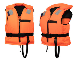 Rettungsweste Schwimmweste orange schwarz freigestellt mit transparentem Hintergrund, 2 Ansichten...
