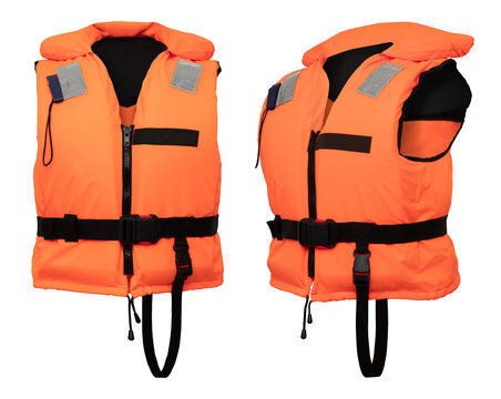 Rettungsweste Schwimmweste orange schwarz freigestellt mit transparentem Hintergrund, 2 Ansichten Vorderansicht und Seitenansicht