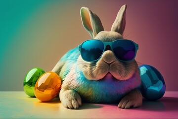 Cute bunny wearing sunglasses with easter eggs. Easter bunny. Generative AI
