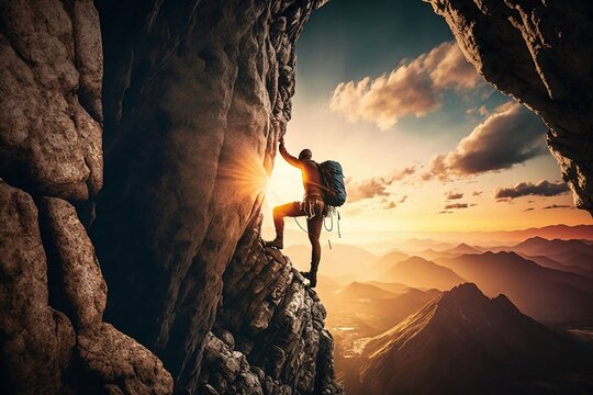 silhouette of a person rock climbing during sunset