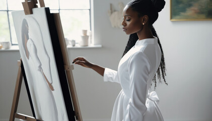 Fototapeta na wymiar a young black woman artist paints a picture in her studio near an easel. generative AI