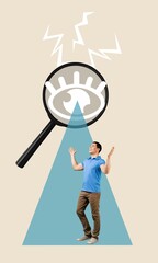Big eye in magnifier glass and person