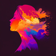 Woman Profile Silhouette Euphoria Concept Abstract Dreamy Aura Psychedelic Spirituality in Orange Purple Pink Blue Generative AI Tools Technology illustration	