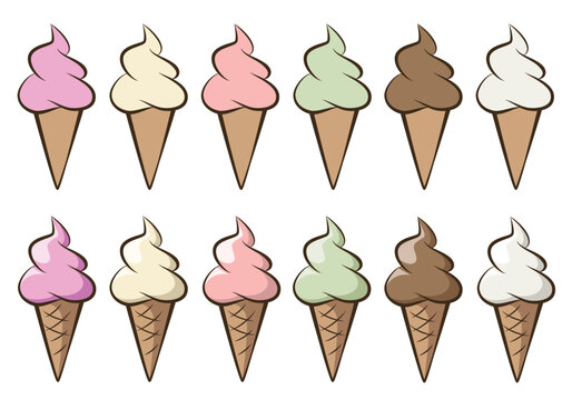 ice cream - set of soft serve ice creams with different flavours in a cone, color vector illustration isolated on white