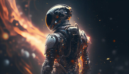 Warrior astronaut in space standing black hole background