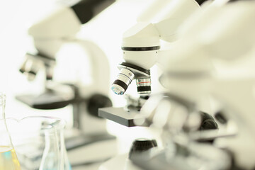 White microscopes in the laboratory, shallow focus