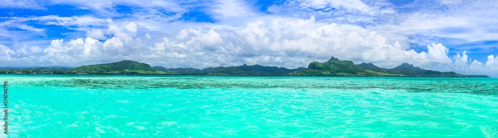 Poster tropical background - blue sunny sky and turquoise sea. tropics vacation, mauritius island, blue bay