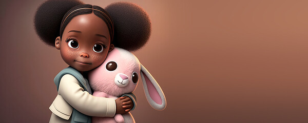 Fototapeta premium Cute Cartoon Kid Holding a Stuffed Rabbit with Space for Copy (Created with Generative AI)