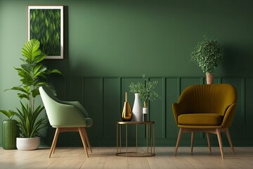 Green living room with brown flooring, wooden furniture, table, chair, and plant vase. Generative AI
