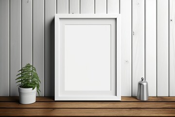 White frame on wood wall mockup. Generative AI