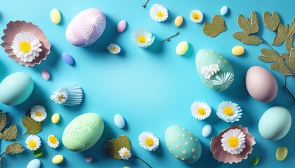 Fototapeta na wymiar Happy Easter! Colorful Easter eggs with flowers on a pastel blue background. Greetings and presents for Easter Day celebration time. Flat lay, top view. Generative AI