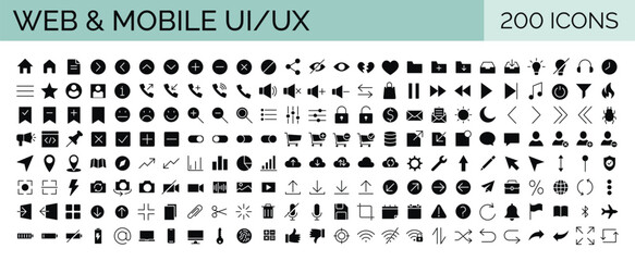 Big collection of minimalist and simple UxUi web icons. Set of 200 black filled icons. Vector illustrator. Suitable for Web Page, Mobile App, Web, Print.