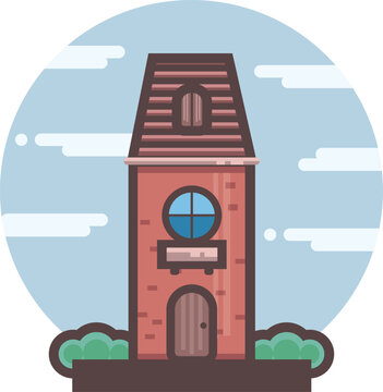 Red brick building flat icon. City architecture. Cartoon of fairytale style. Large panoramic window and balcony. Cute cottage. Icon with round sky background.