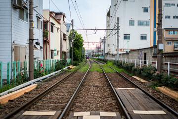 Fototapeta na wymiar Local trolly train running between homes in Tokyo
