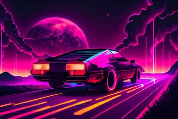 Fototapeta na wymiar Driving In The Night, Futuristic Synthwave Car In Purple Neon Colours, In Motion. Generative AI