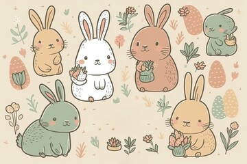 Cute hand drawn easter bunnies design, easter doodle background, great for textiles, banners, wallpapers, wrapping - vector design
