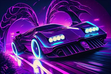Driving In The Night, Futuristic Synth-Wave Car In Purple Neon Colours. Generative AI