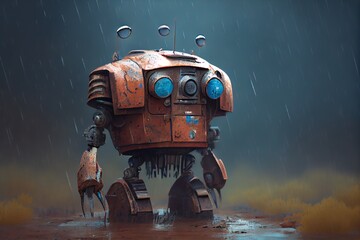 Rusty Abandoned Robot Stands In The Rain. Generative AI