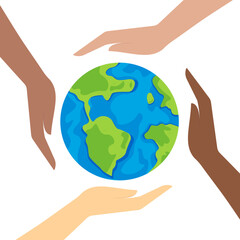 Happy earth day. Different nationality's hands hold, and protect the earth, and globes. Hands protect the earth. Earth Day. Vector illustration in flat cartoon style.