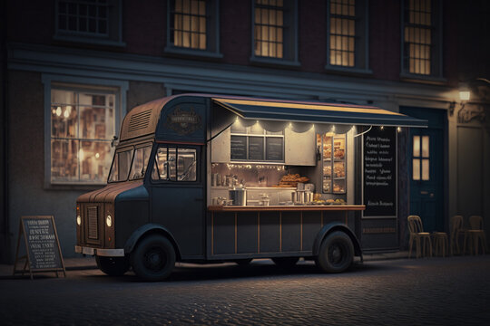 Food truck in the city on the street in the evening, created by a neural network, Generative AI technology