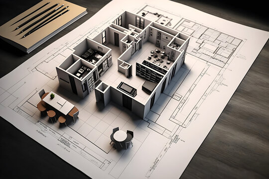 3d modelled building pops up over the 2 dimensional floor plan drawing. Shallow dept of field. Created with generative AI technology.