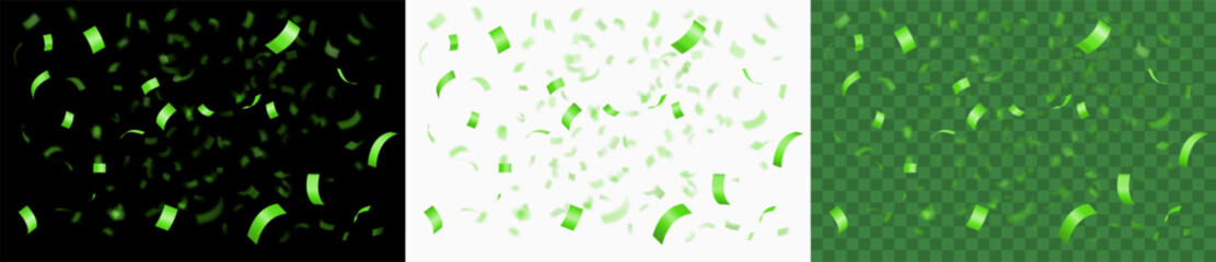Falling Shiny Green Confetti. Green Serpentine isolated on white, black and transparent golden background. Bright festive green tinsel. Realistic 3d vector illustration