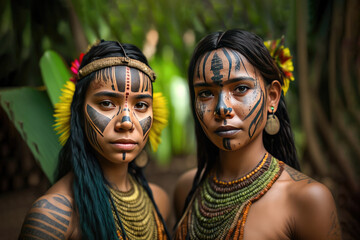 Two indigenous amazon women with face paint looking at camera. Generative ai