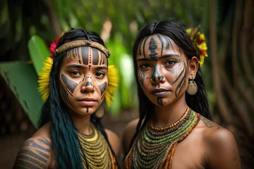 Foto op Canvas Two indigenous amazon women with face paint looking at camera. Generative ai © Miquel