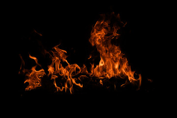 Fire flame isolate on black background. Burn flames, abstract texture. Art design for fire pattern, flame texture.