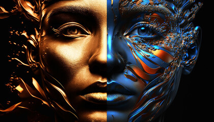 The woman's face is made in a surreal style in blue and yellow tones.