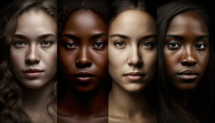 Many diverse ethnic groups, different young people group headshots in collage mosaic collection. Many multicultural faces are looking at the camera. Human resource society database concept.gene