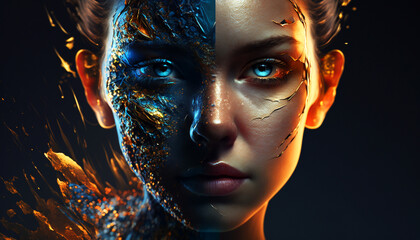 The woman's face is made in a surreal style in blue and yellow tones. - obrazy, fototapety, plakaty