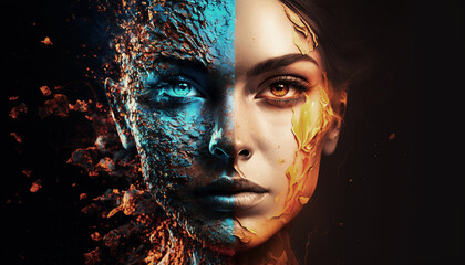 The woman's face is made in a surreal style in blue and yellow tones.