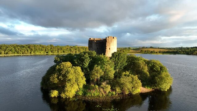 drone footage of Clough Oughter Castle on lough oughter lake, killykeen forest park, co cavan, ireland