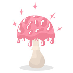 Pink magic mushroom with slices, drops and growths on beige stem. Fairytale mushroom in flat cartoon style. Illustration for fairy tales and games. Isolated on white background.