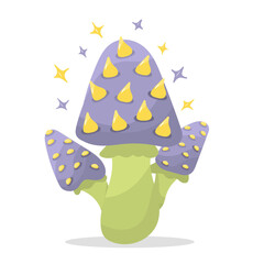 Violet magic mushroom with yellow growths on green stem. Fairytale mushroom in flat cartoon style. Illustration for fairy tales and games. Isolated on white background.