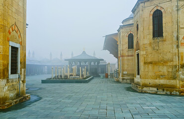 The misty cemetery of Mevlana complex, Konya, Turkey