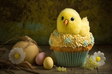 Easter Cupcake with a Spring Chick and Eggs