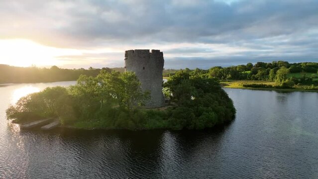 drone footage of Clough Oughter Castle on lough oughter lake, county cavan, ireland