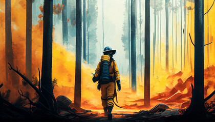 Firefighter dropping water in a forest, generative ai