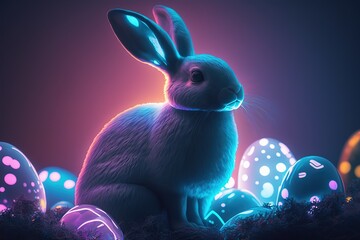 Fototapeta na wymiar Easter bunny near glowing eggs against neon light background