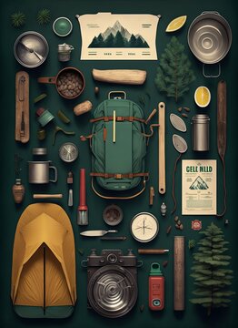 Top View Of Camping Equipments. Flat Lay Of Camping Gear. Concept Of Hiking. Generative AI.