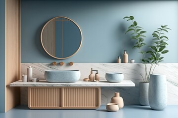 Blue and beige colors dominate this simple Japandi bathroom. Mirror, bathtub, and washbasin made of marble and wood. Illustration of a farmhouse interior design. Generative AI