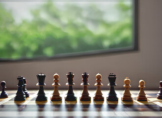 closeup illustration of lined up chess figures on a table with blurred out background window, generative ai