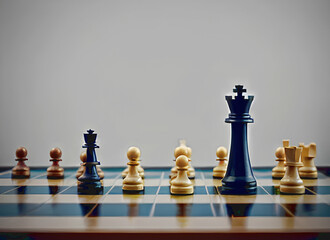 closeup illustration of lined up chess figures on a table with blurred out background, generative ai