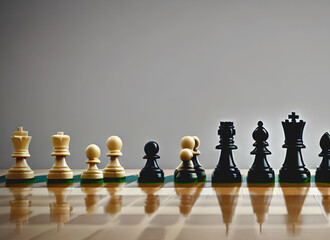 closeup illustration of lined up chess figures on a table with blurred out background, generative ai