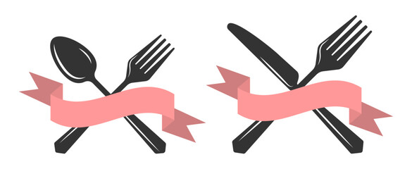 Set of silhouettes kitchen tools fork spoon knife for cutting culinary banner with place for your text vector illustration isolated on white background