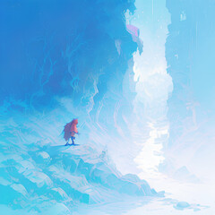 fantasy illustration of little red riding hood wandering around in a snowy landscape, generative ai