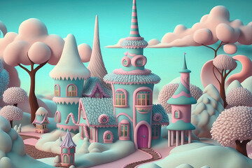 Fairytale land.Pastel colors. Illustration for children. Generative AI - obrazy, fototapety, plakaty